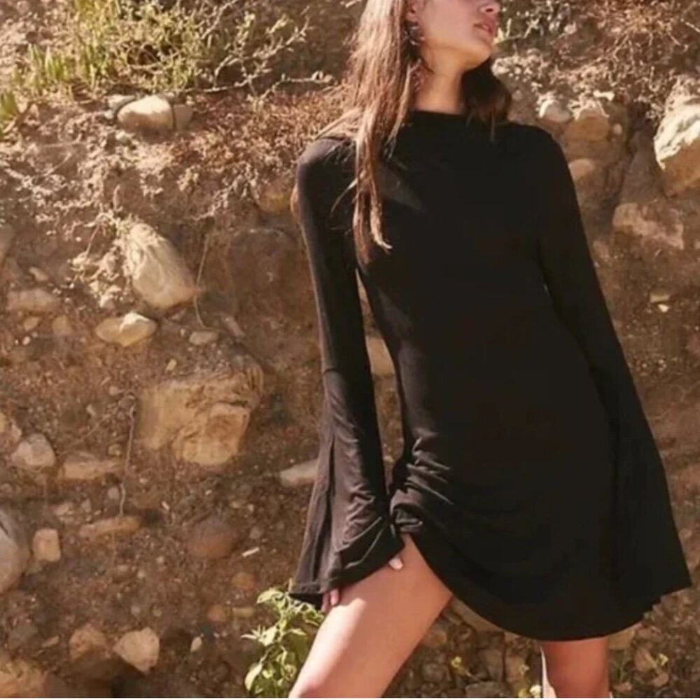 Free People Beach Dare to Dance Dress Mini Tunic Long Bell Sleeve Black Size XS